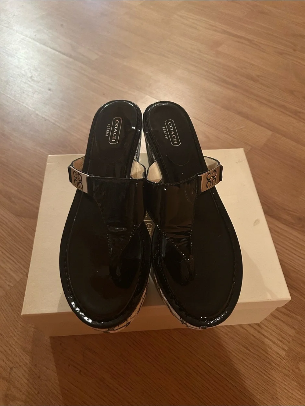 Coach Black Patent Logo Print Wedge Thong Sandals